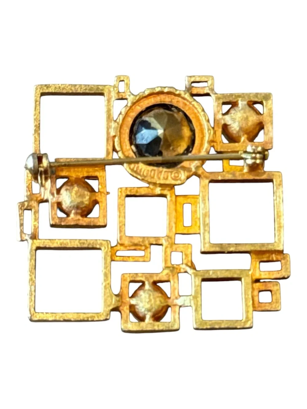 Vintage Mid Century Modern Geometric Gold Tone Blue Crystal Brooch Pin
